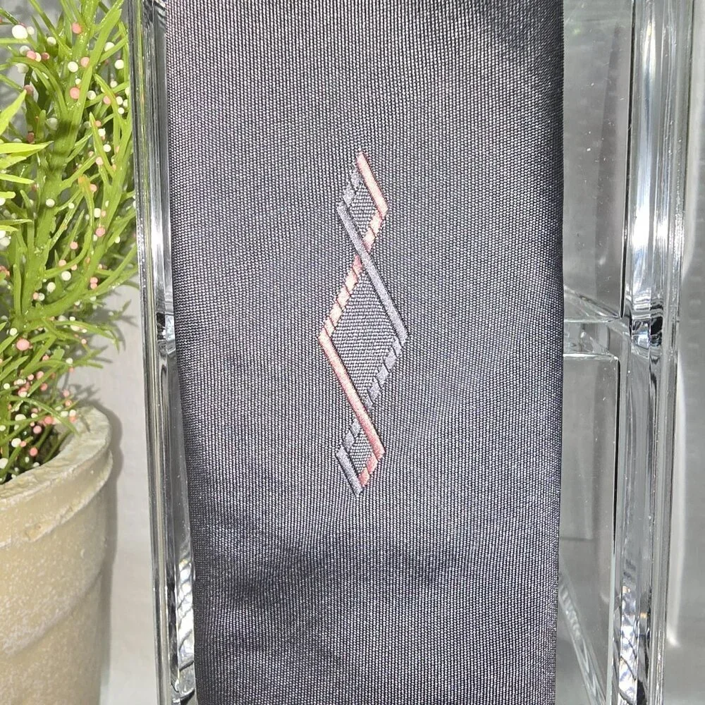 ELAAN MENS TIE BLACK GRAY WITH PINK DIAMOND EMBROIDERED DESIGN